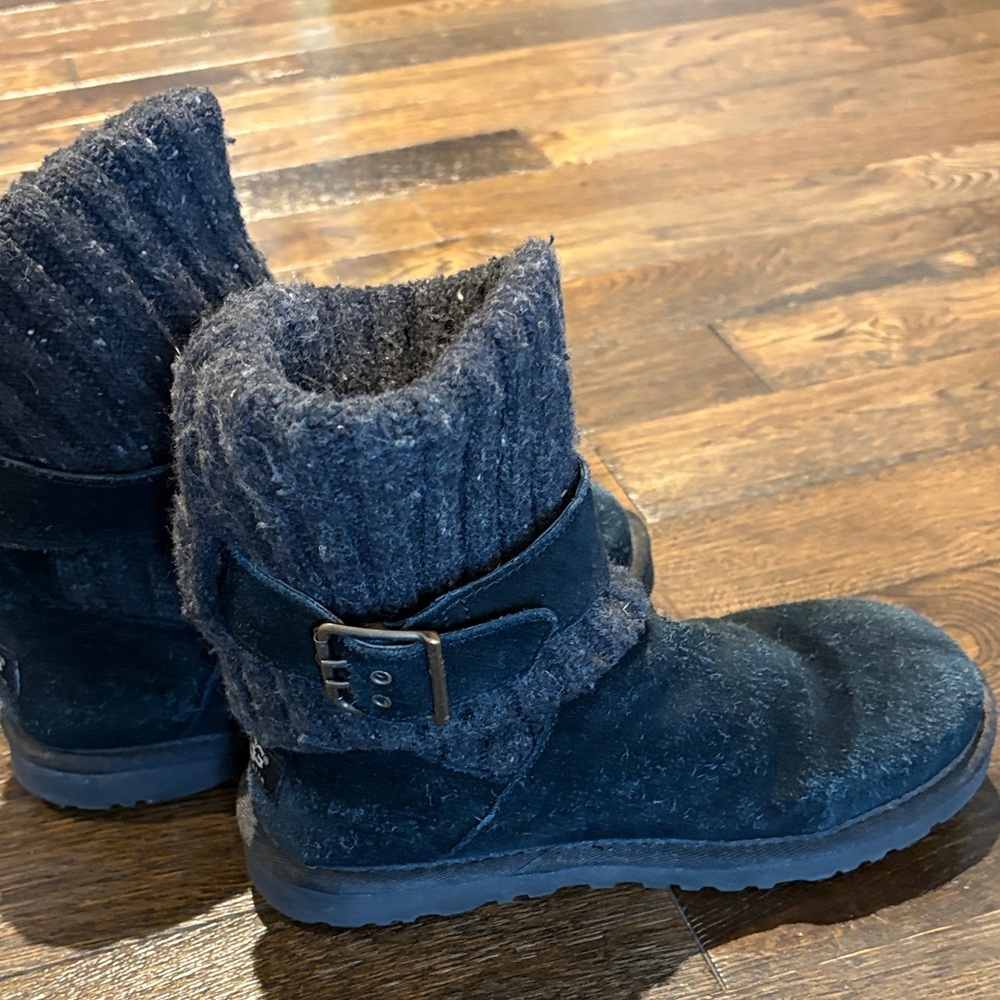 UGG Black Suede Knit-Cuff Buckle Ankle Boots